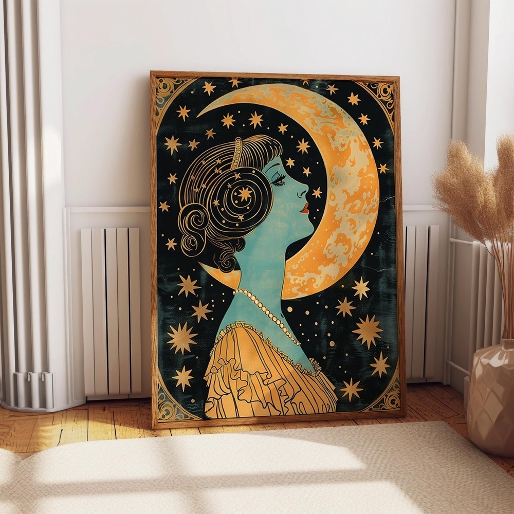 Moon And Stars Art Nouveau Poster - Celestial Beauty Art Print
